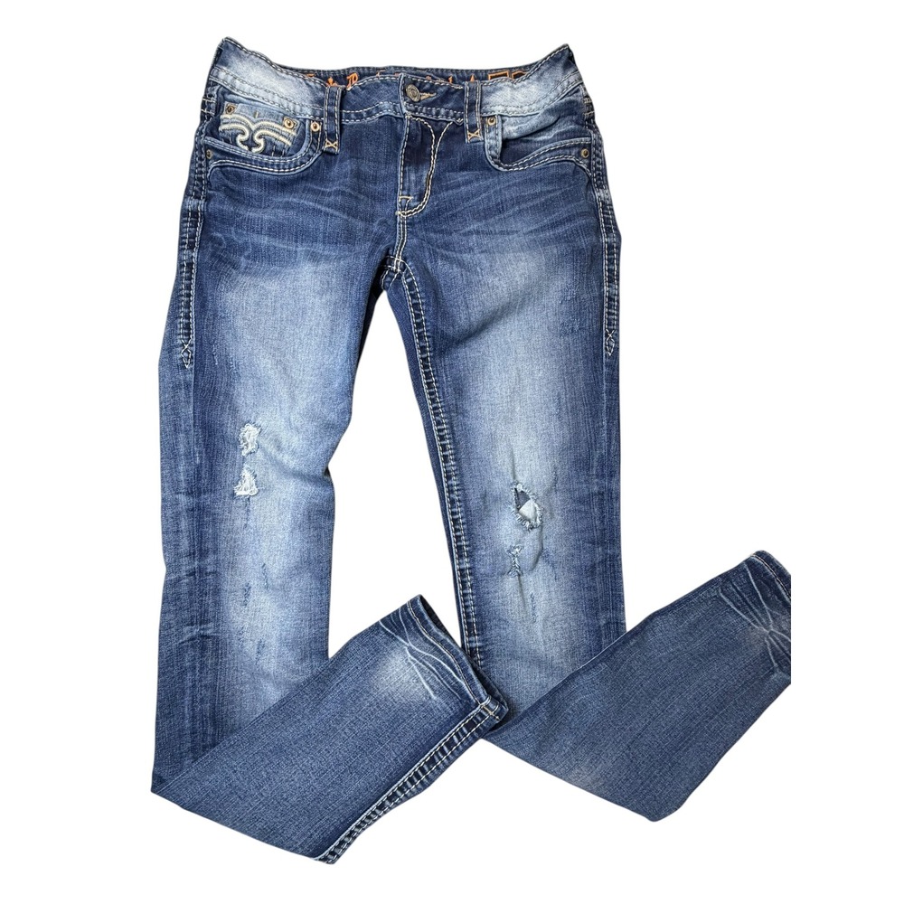 Rock Revival Alaina Skinny Jeans Women's 28 L31 Blue Distressed Fleur-de-Lis - Picture 1 of 5